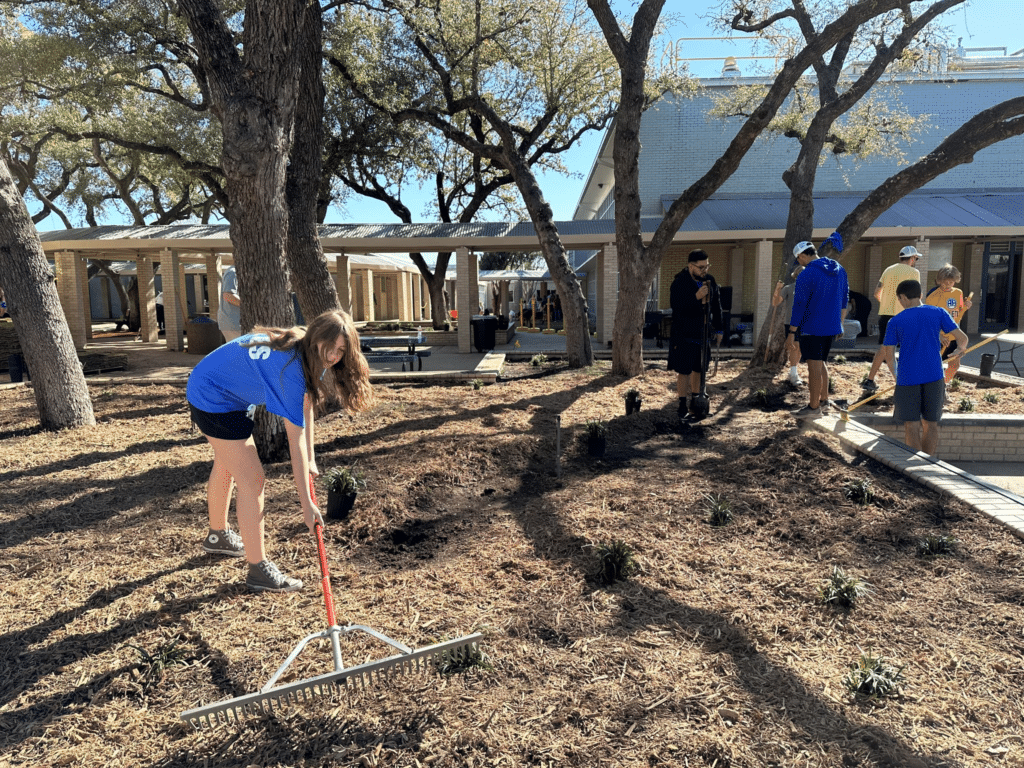 Student raking the mulch on campus.