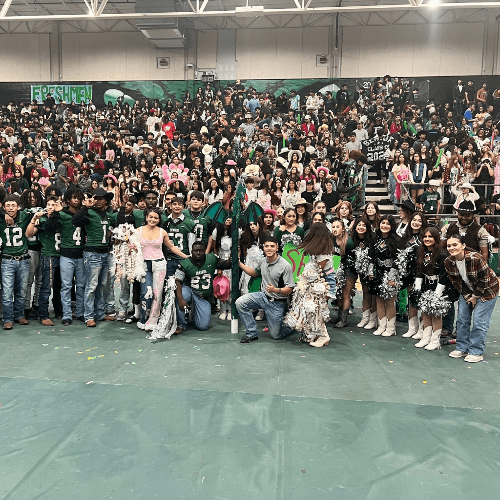 Group posing at pep rally